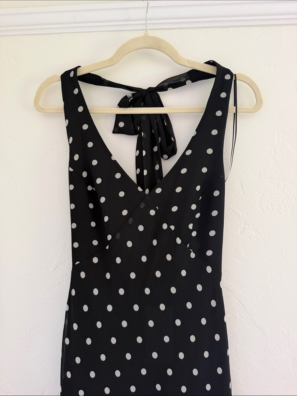 Polka Dot Black Maxi Dress with Tie Back - Picture 4 of 7